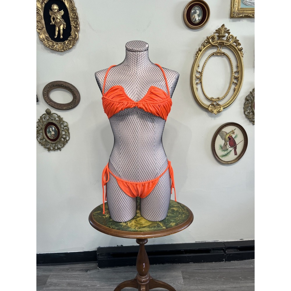 Divino Seas Neon Orange Cutout Ruched Tie Side Bikini Set Size XS Top S Bottoms